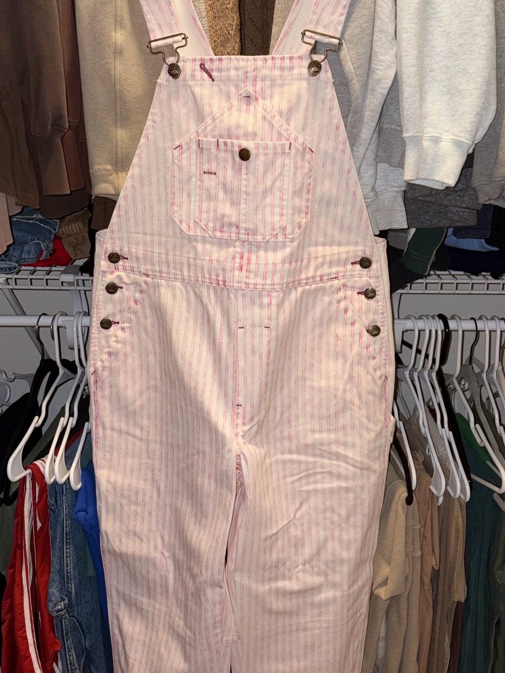 Faherty Topsail pink railroad stripe overalls - Picture 2 of 7